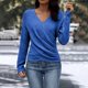 thumbnail image 4 of Women's V Neck Long Sleeve Off Shoulder Sweaters Criss Cross Wrap Ruched Pullover Fall Tops dark blue XXL, 4 of 4