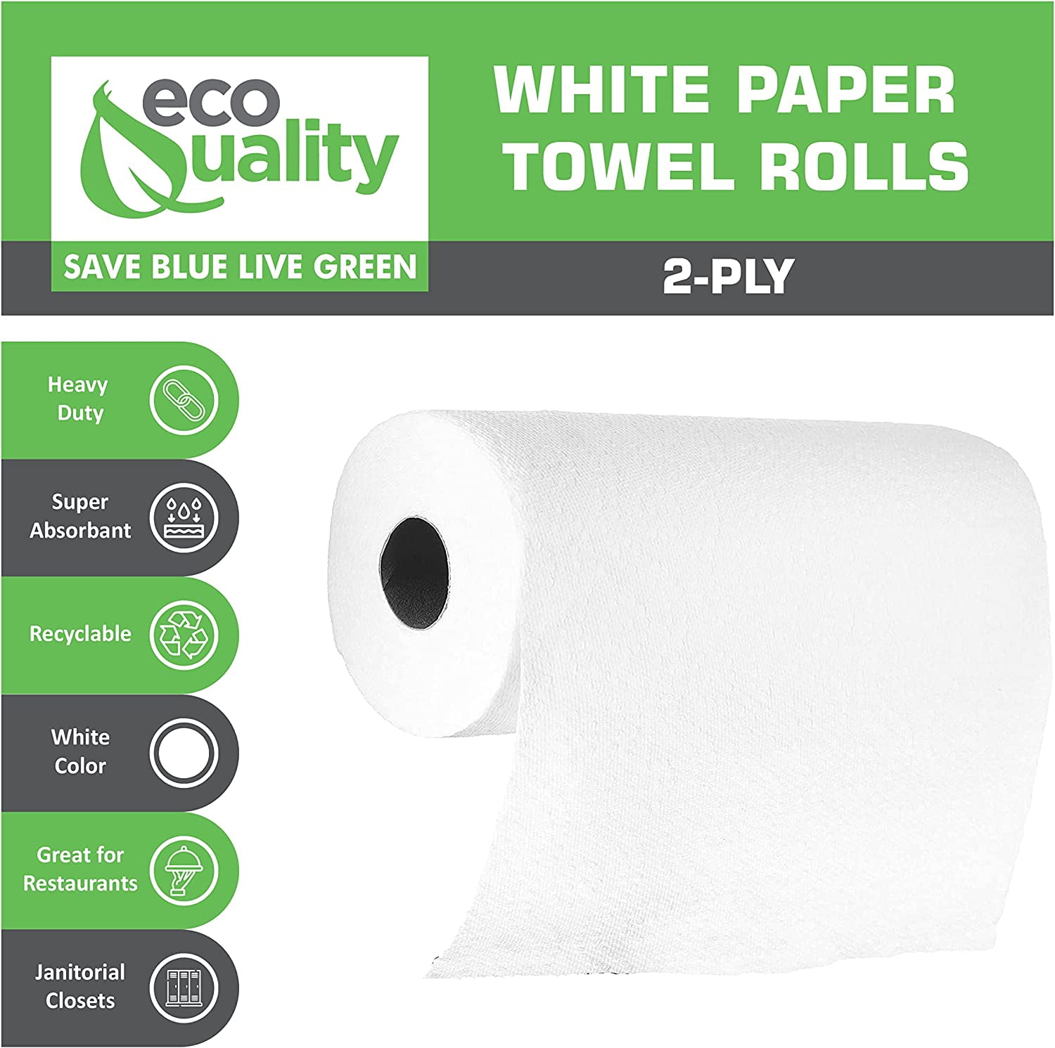 EcoQuality 2-Ply White Kitchen Perforated Paper Towel Rolls - Easy Tear, Strong, Individually Wrapped USA MADE - Household Roll Towel Paper - Multi-Surface, Cleaning, Kitchen, Bathroom, Office (6)