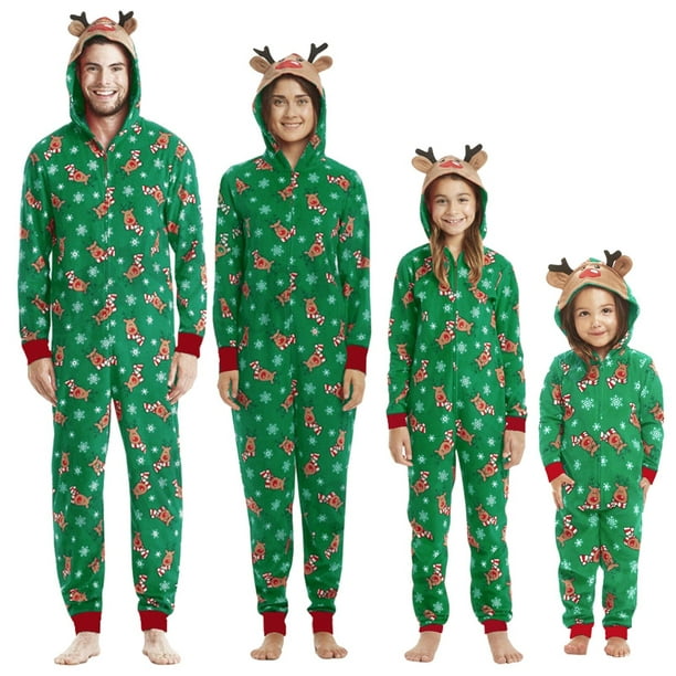 2022 New Christmas Moose Printed Family Pajamas Set Mother Father Kids  Matching Clothes Pyjamas Hooded Rompers Zipper Overalls 