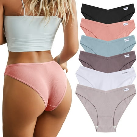 

FINETOO 6 Pack Cotton Underwear For Women Cute Low Rise Bikini Rib Cheeky Panties Sexy V-shaped waistband Hipster Lingerie S-XL