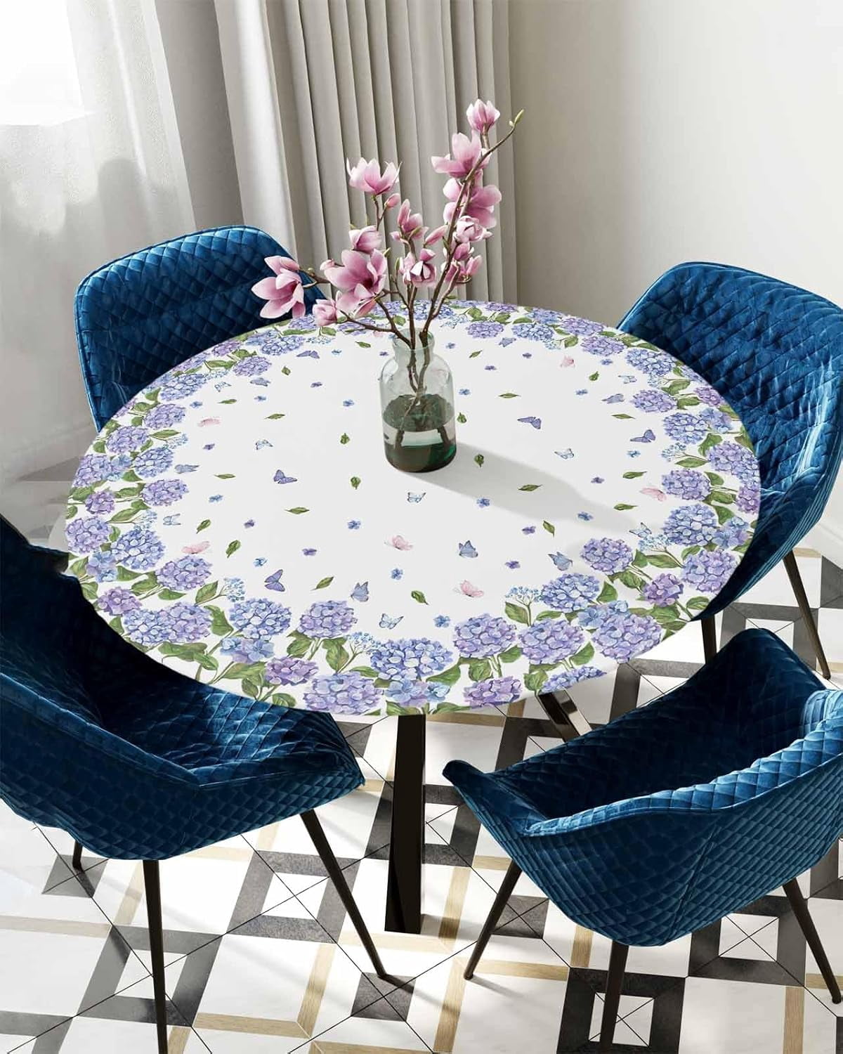 Floral Round Tablecloth Fitted Table Cover, Elastic Tablecloths Waterproof Outdoor Indoor Stretch Cloth Tablecover for Dinner, Party, Shower, Blue Purple Spring Botanical Plant Leaves 45-52IN