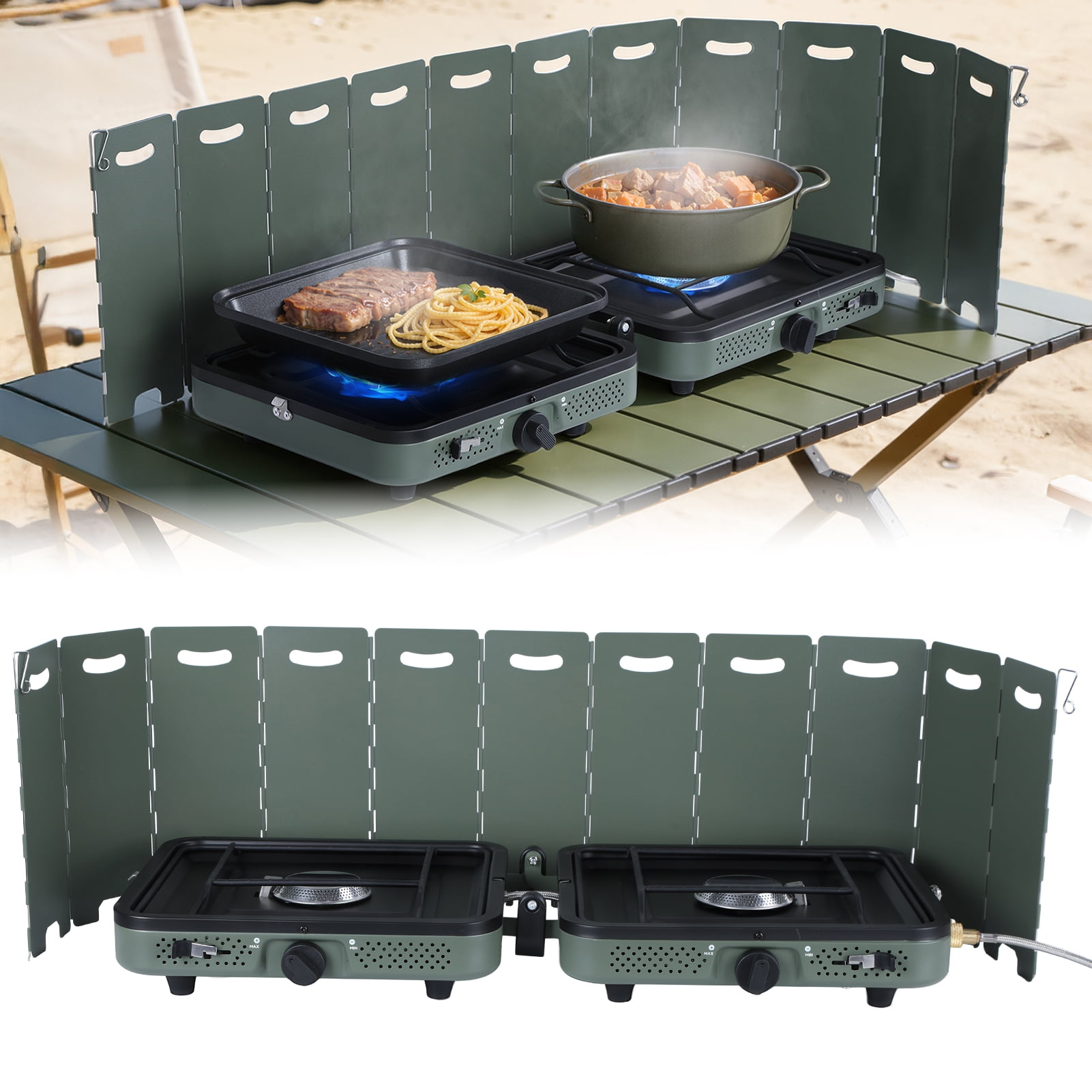 Portable Windproof Dual Burner Camping Stove,20,000 BTU High Output Metal Folding Gas Stove with Removable Windshield & Frying Pan-Perfect for Outdoor Cooking,Hiking,Tailgating & Emergency Use
