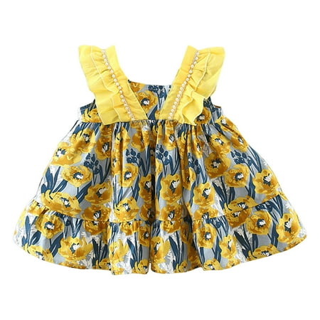 

Toddlers Girls Baby Sleeveless Sundress Princess Dress Floral Printed Ruffles Dance Party Dresses Clothes Child Sundress Streetwear Kids Dailywear Outwear