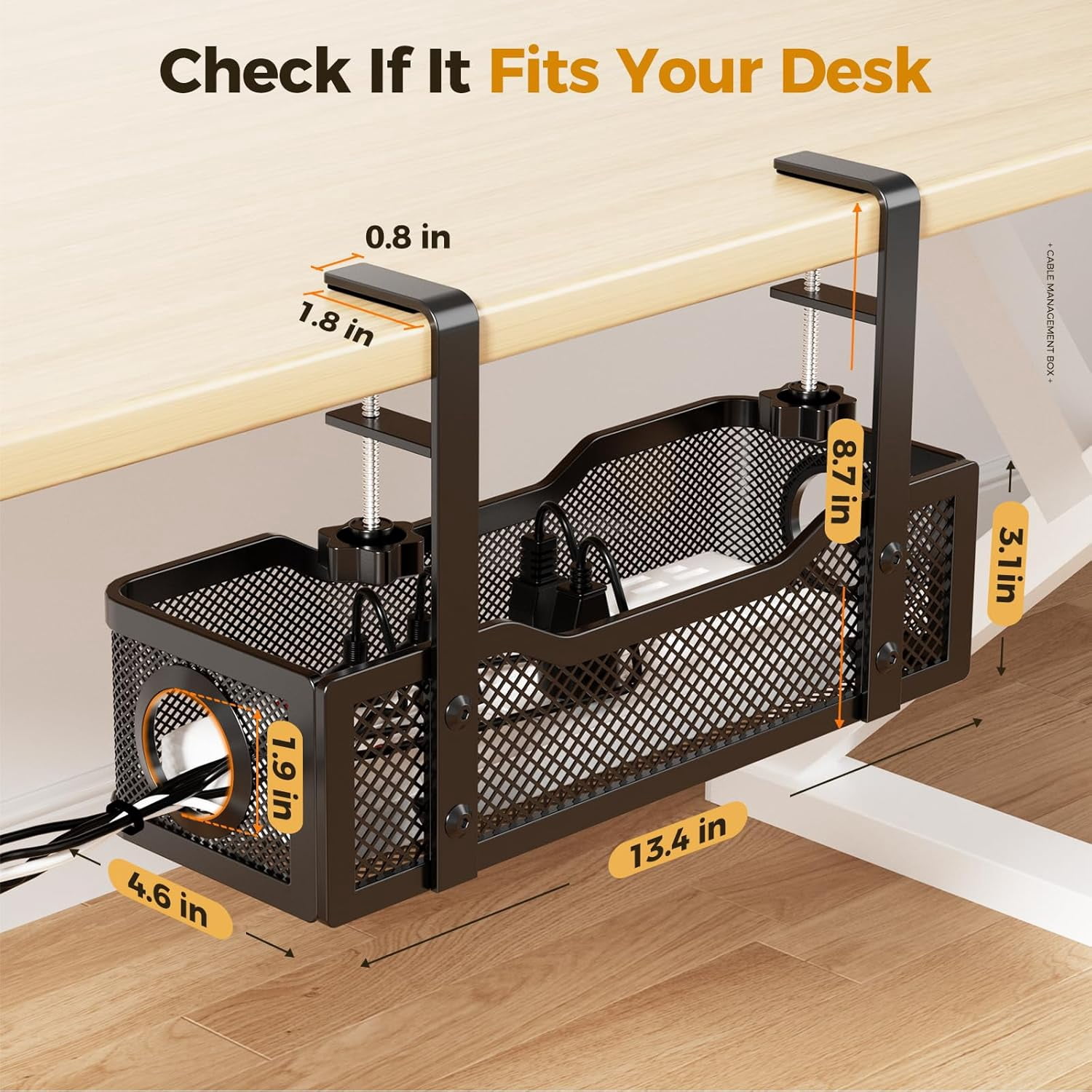 Under Desk Cable Management Tray Black,  Wire Organizers No Drill, Cable Tray with Clamp for Wire Management, Cord Organization Box for Office, Home - No Damage to Desk