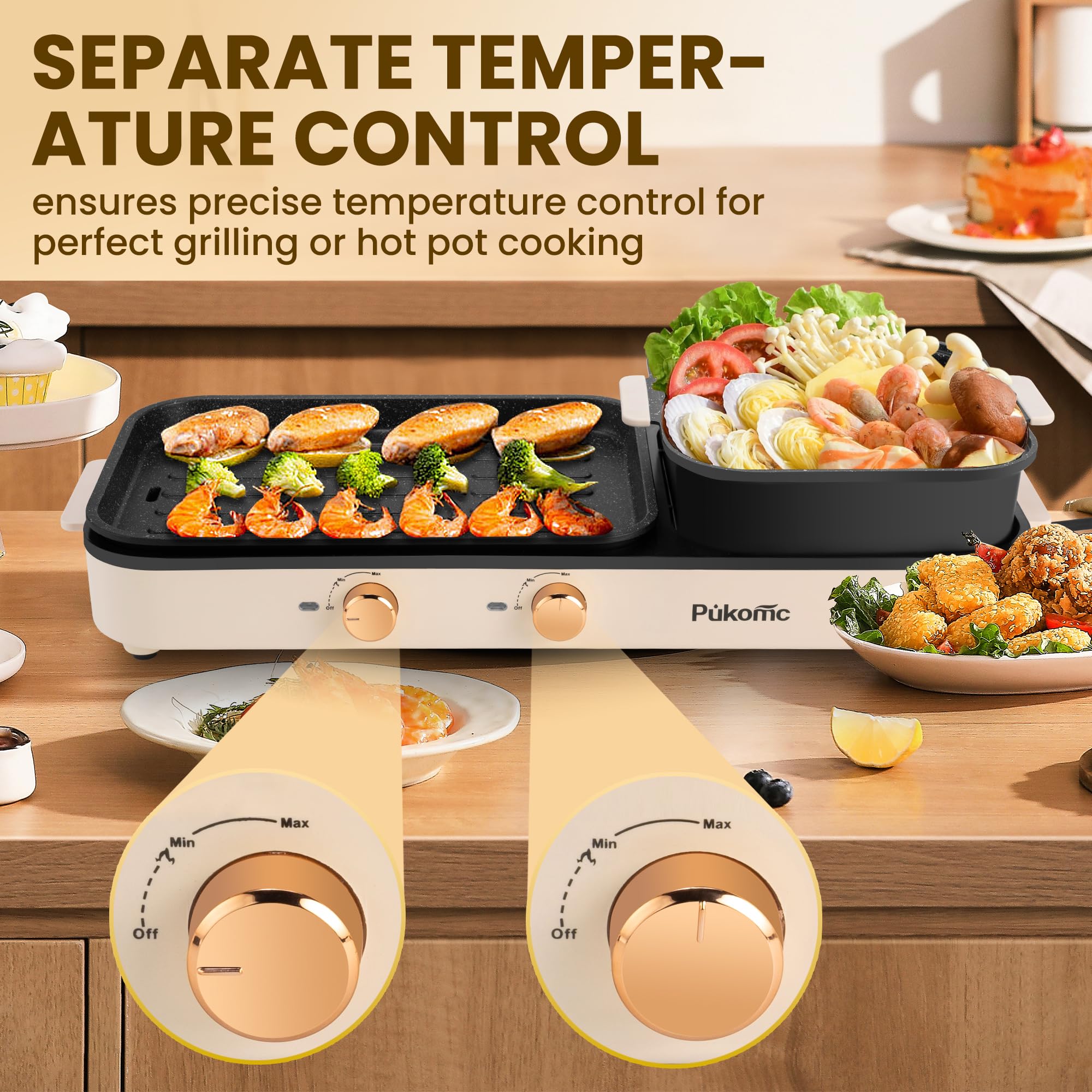 SUSTEAS 2-in-1 Electric Hot Pot with Grill: 1500W Non-Stick Removable Plate, Temperature Control for Indoor Grill for Korean BBQ, Beige
