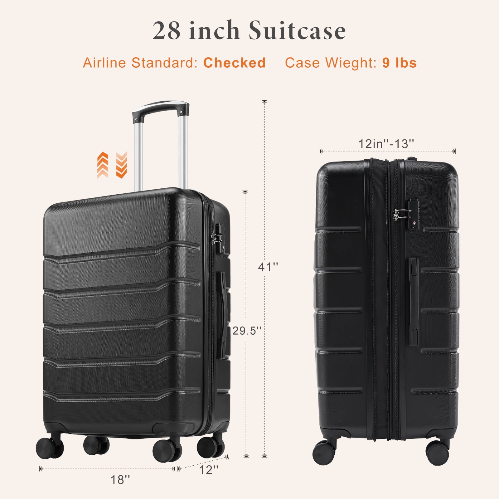 ZUNMOS 28" Checked Luggage Hardside Suitcase with Spinner Wheels and TSA Lock, Black