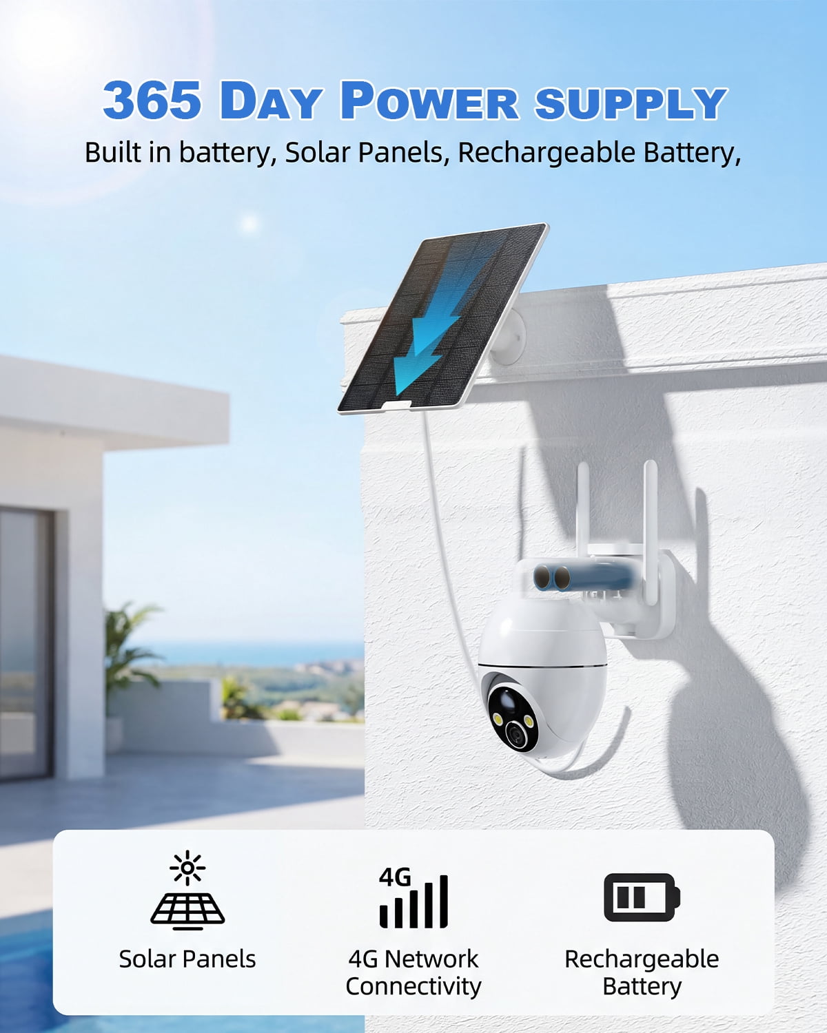 Generic 4G LTE Solar Cellular Security Camera Built in SIM 3MP PTZ No WiFi PIR Alerts 2 Way Audio