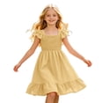 thumbnail image 7 of Bysome Girls Dress Solid Color Flutter Sleeve Square Neck Pleated Summer Cozy Soft Toddler Kids Girls Dresses Size 11-12 Years Yellow, 7 of 7