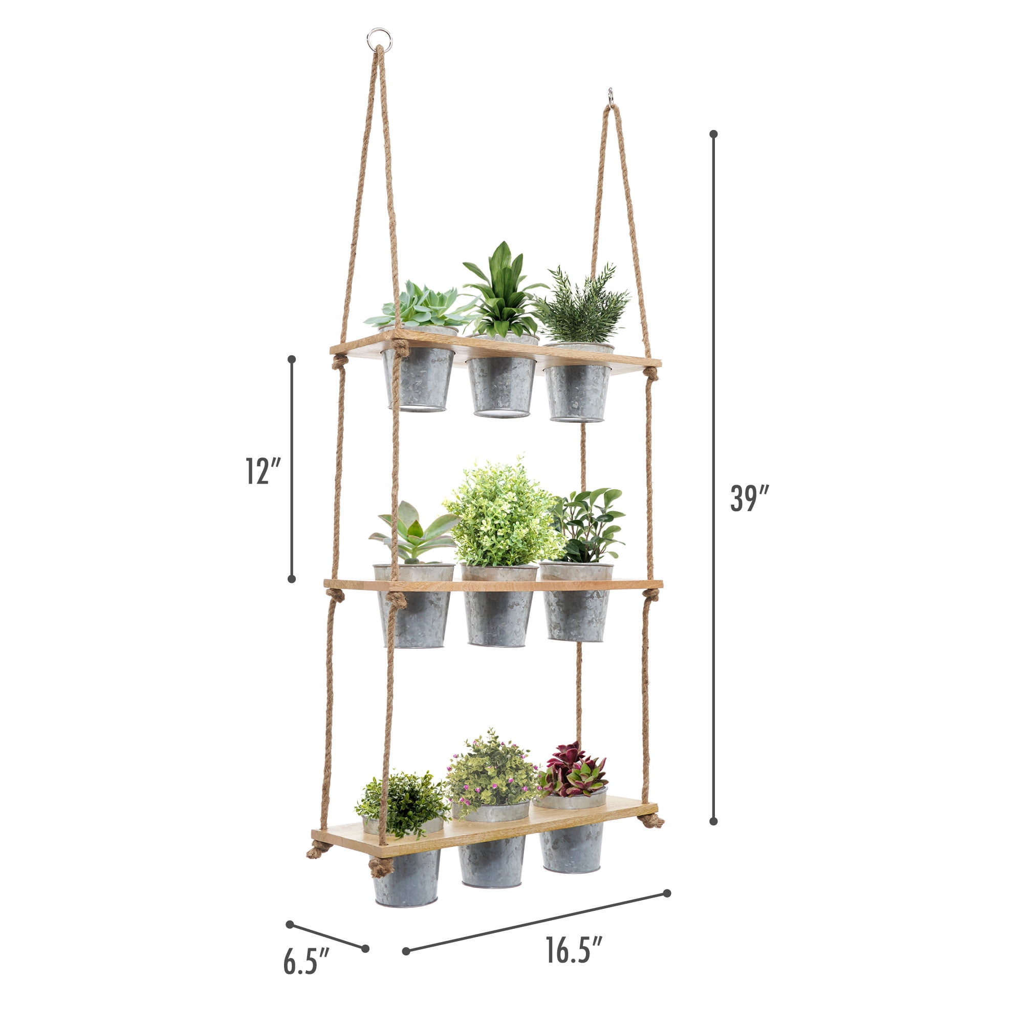 Wall Hanging Herb Planters, 3 Tiered Vertical Planter Shelf with Metal Pot Set, Indoor Garden, Wood Herb Garden for Kitchen, Vertical Hanging Planters Wall Hanging- Parent (Galvanized)