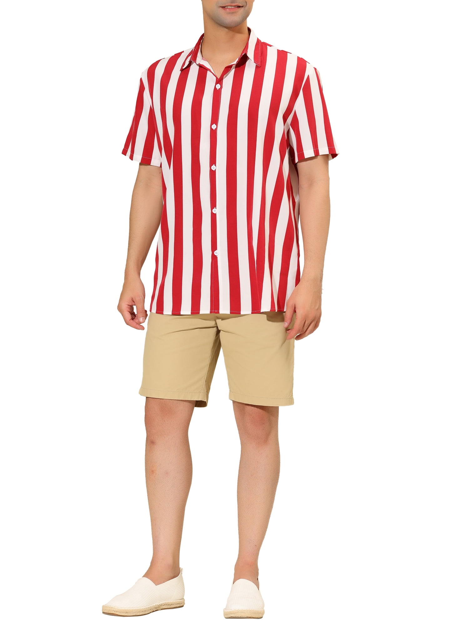 Unique Bargains Men's Short Sleeved Color Block Button Down Beach Stripe Shirt S Red