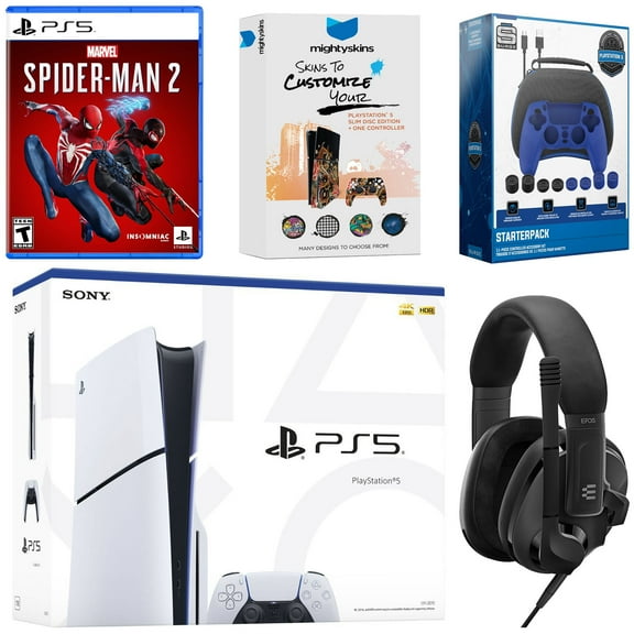 Sony PlayStation 5 Slim Disc Bundle with Spider-Man 2, EPOS Headset, Accessory Kit and MightySkins Code