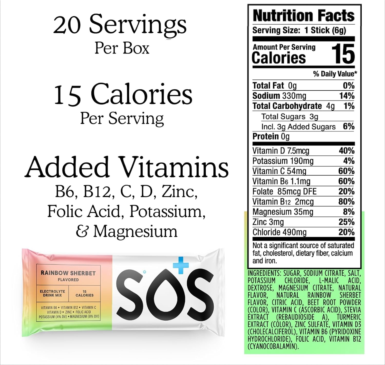 Electrolyte Drink Mix Powder – 24 Servings, Low Sugar, Keto-Friendly Hydration – Rainbow Sherbet – SOS Hydration