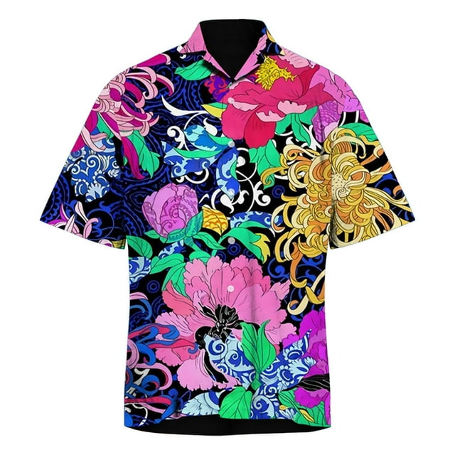 Camisa De Botones Para Hombre Camisa de manga corta con estampado digital 3d de ocio de tendencia de moda de playa de turismo de vacaciones de verano para hombres (Navy, S)