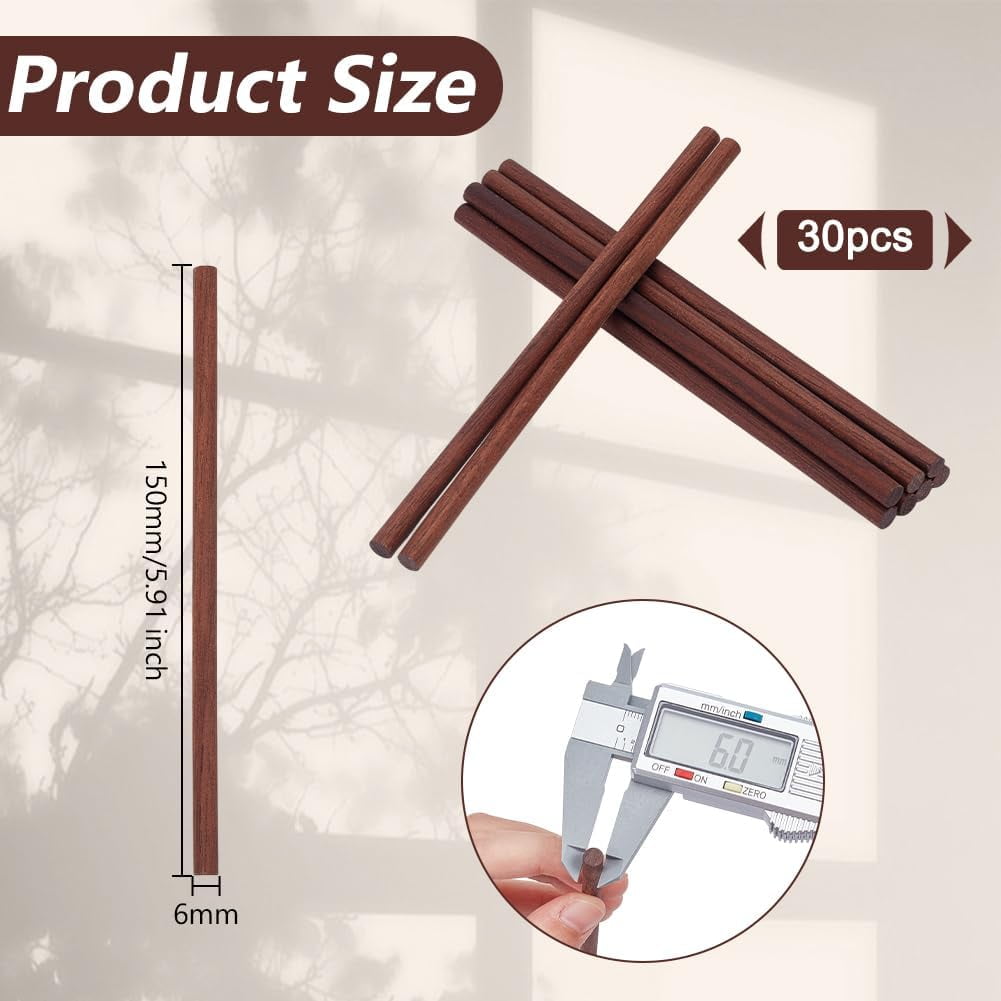 30Pcs Walnut Wooden Dowel Rods 6 Inch Long Walnut Wood Round Rods 6mm Brown Wooden Dowel Sticks for Crafts Unfinished Wood Round Sticks