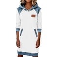 thumbnail image 2 of Women's Hooded Sweatshirt Dress, Denim Patchwork Hoodie Dress Long Sleeve Midi with Pockets, Cozy Casual Fall Winter Outfit for Daily Wear White S, 2 of 9