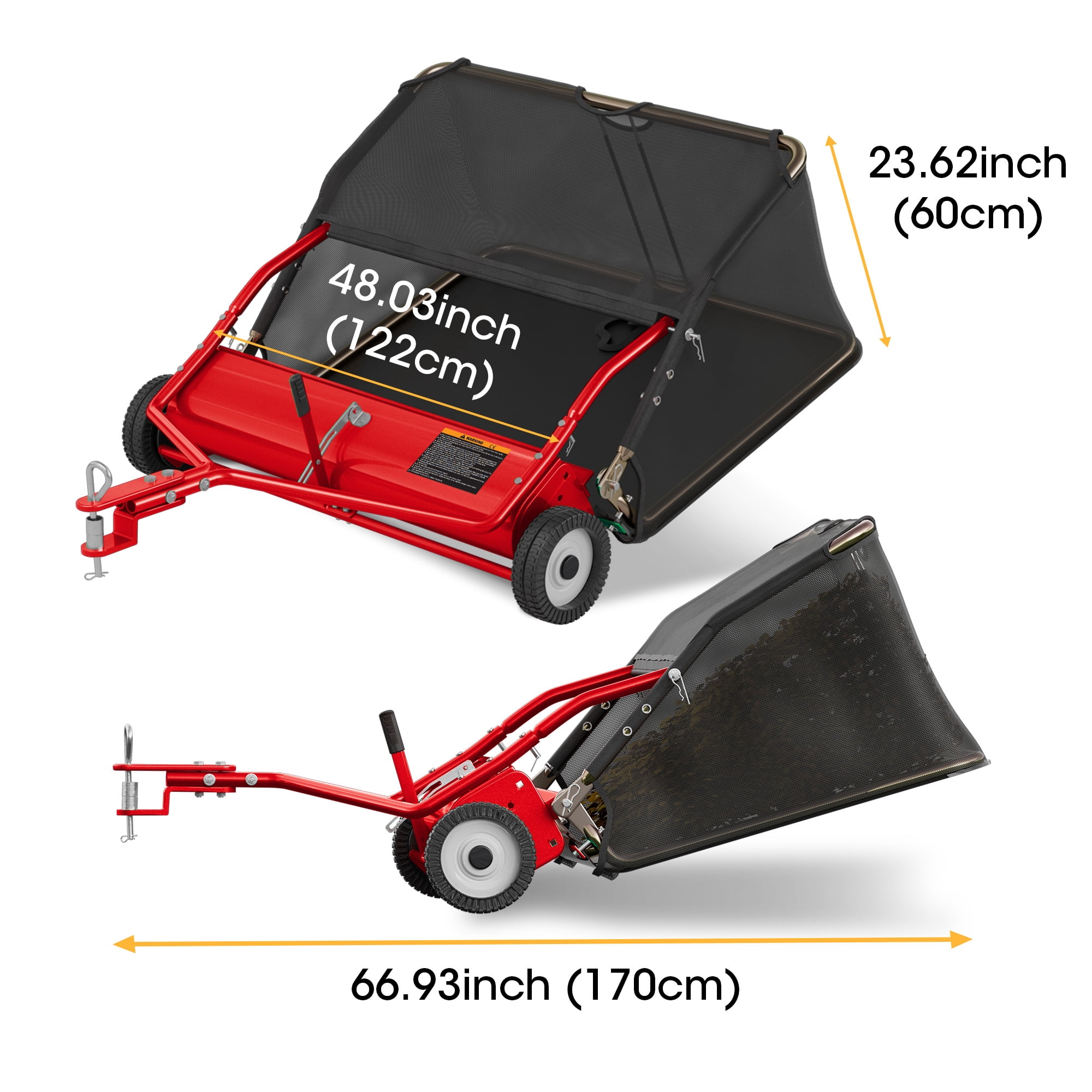48" Tow-Behind Lawn Sweeper, Pull Behind Grass and Leaf Collector with 25.16 Cu. ft Hopper, Adjustable Brush Height Lever & Dumping Rope for Lawn and Yard Cleanup,Red