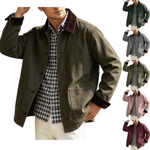 Mens Lightweight Jackets Casual Stylish Button Down Barn Jacket Twill, Vintage, Spring Fall Outwear with Pockets, Spring Fall Trucker Jacket, Outdoor, Corduroy Lapel