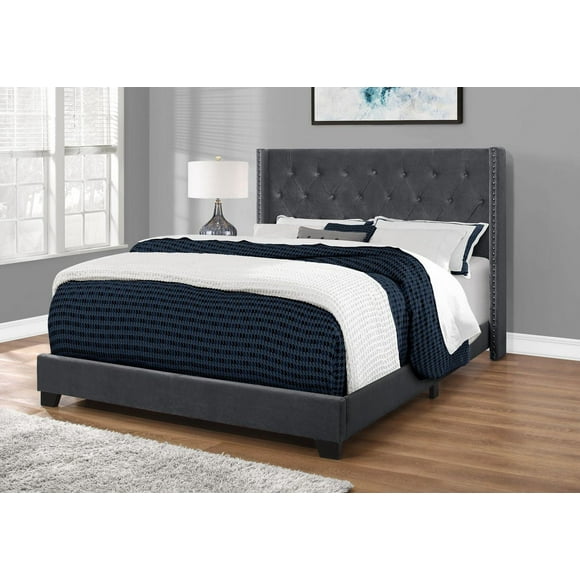 Monarch Specialties Bed, Queen Size, Platform, Bedroom, Frame, Upholstered, Velvet, Wood Legs, Grey, Chrome, Transitional