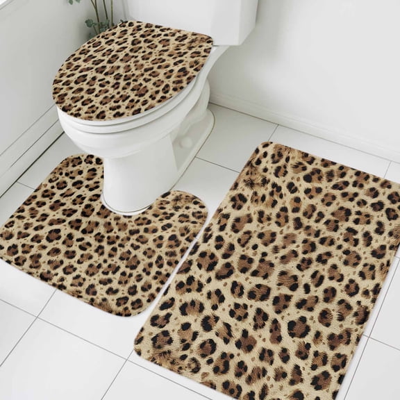 Leopard Wild Bathroom Rugs Set Brown Leopard Texture Non Slip Absorbent Soft Bath Mats 3 Piece Set with Bathroom Rug, U-Shaped Floor Mat, Toilet Seat Cover Small Size