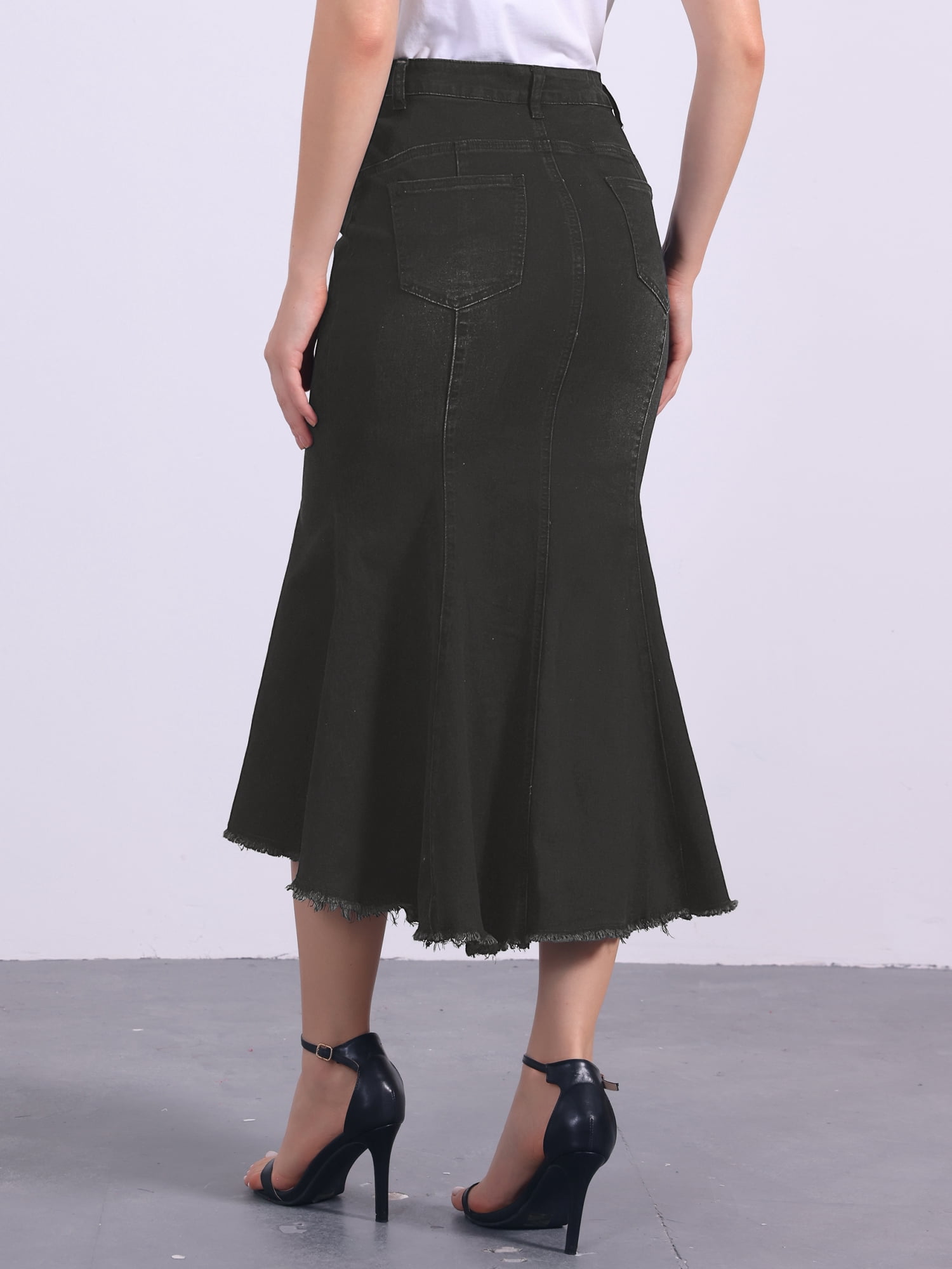 DARING DIVA Women's Raw Hem Fishtail Midi Skirt with Pockets XL Black