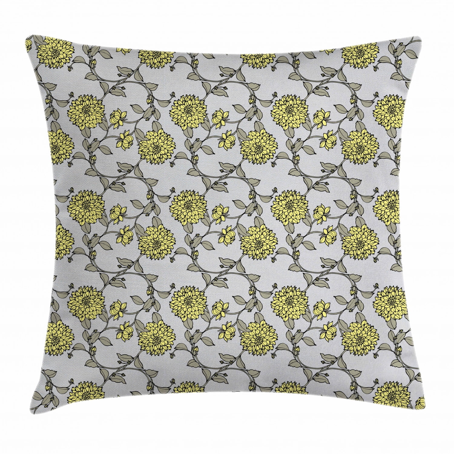 Grey and Yellow Throw Pillow Cushion Cover, Pattern with Chrysanthemum