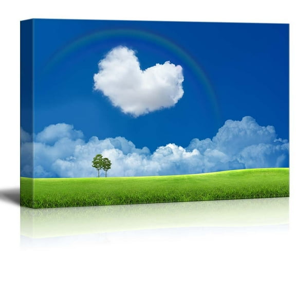 Blue Sky with Heart Shaped Cloud and a Rainbow Romantic Scene - Canvas Art Wall Decor - 32" x 48"