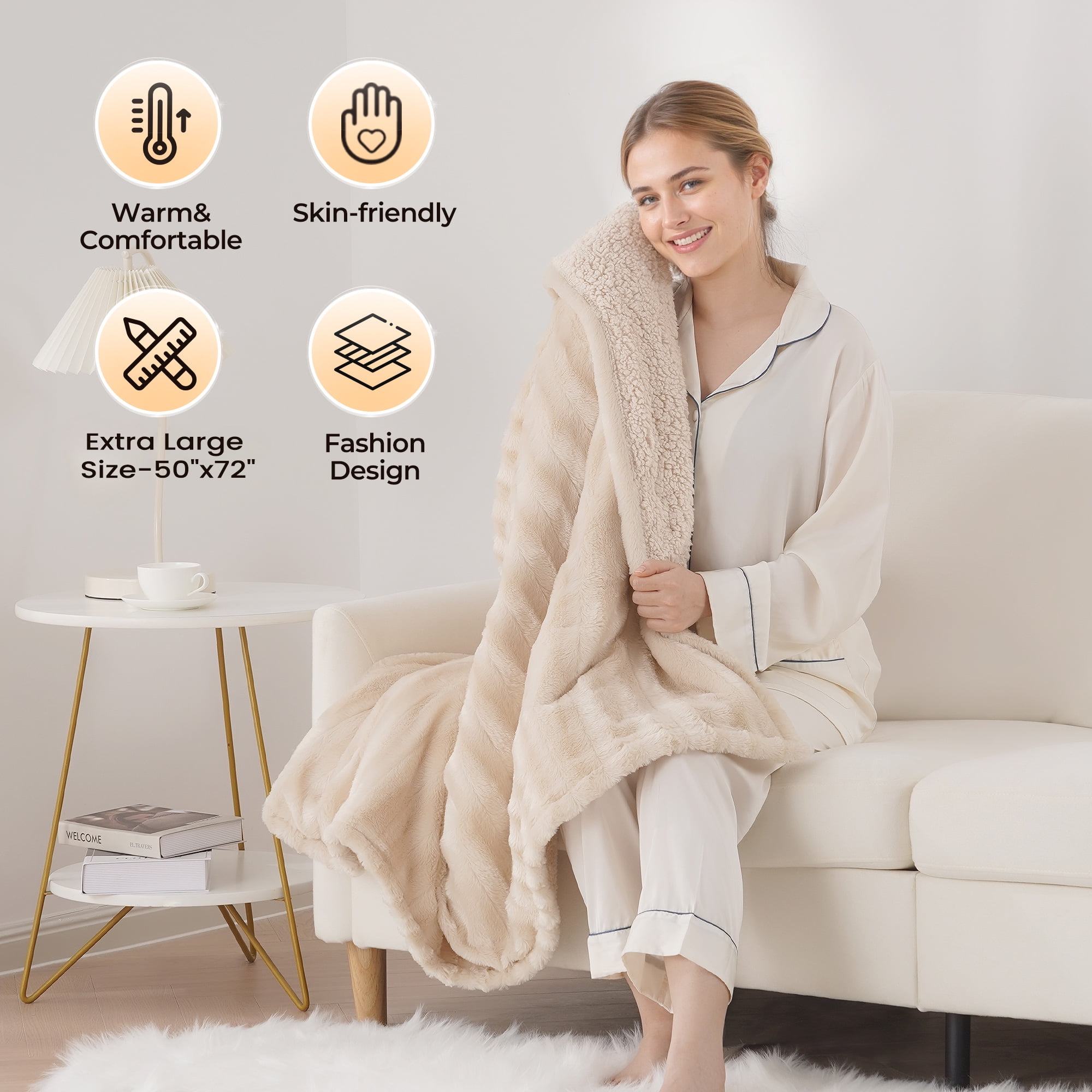 MARNUR Electric Throw Blanket Extra Large Size, 50" x 72" Soft Faux Fur Heated Blanket, 6 Heating Levels, 4 Hours Timer - Beige