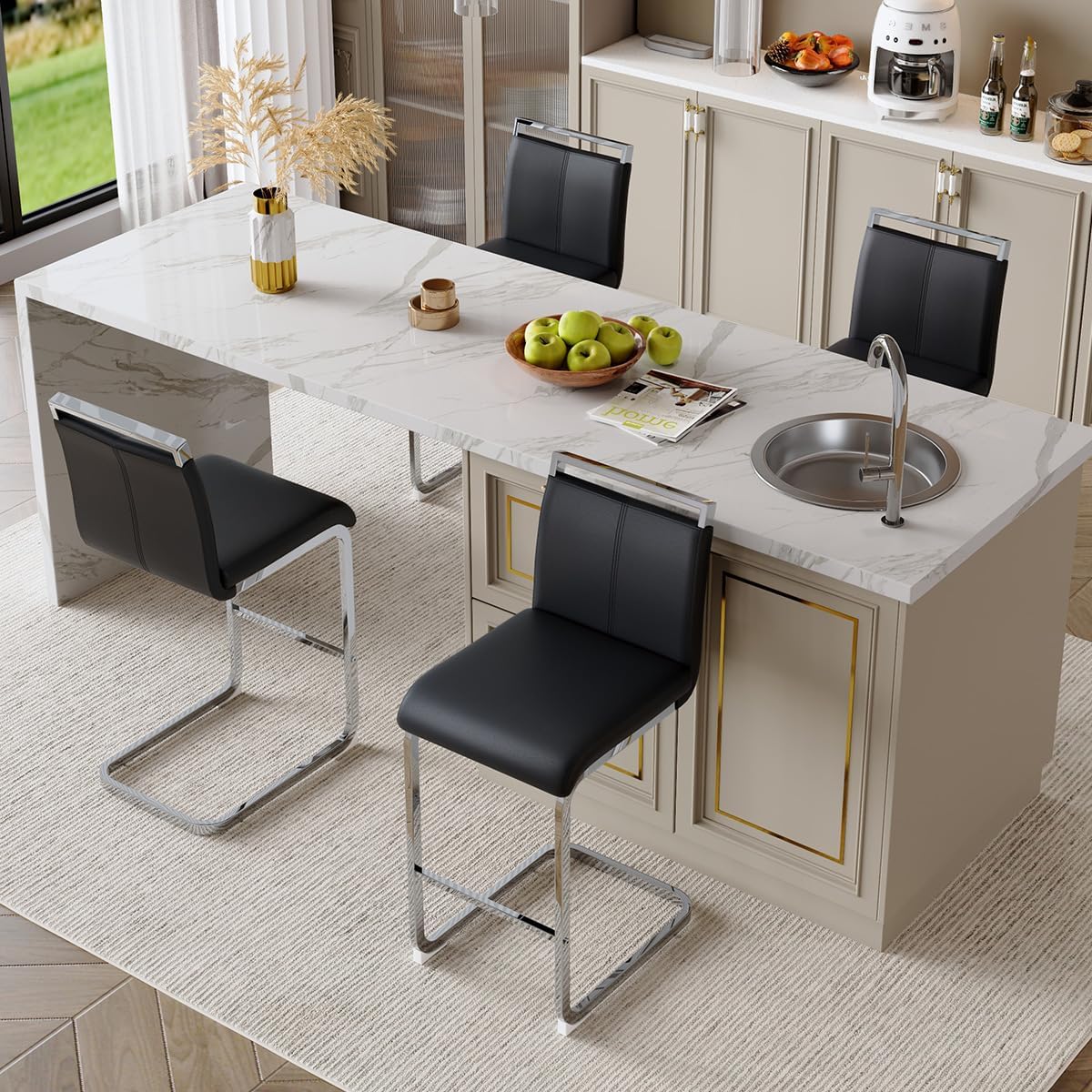 Lecut Bar Stools Set of 2,Counter Height Bar Stools with Back and Footrest,Modern Leather Counter Stools,Armless Dining Chairs for kitchen island,Pub,Bar,Black