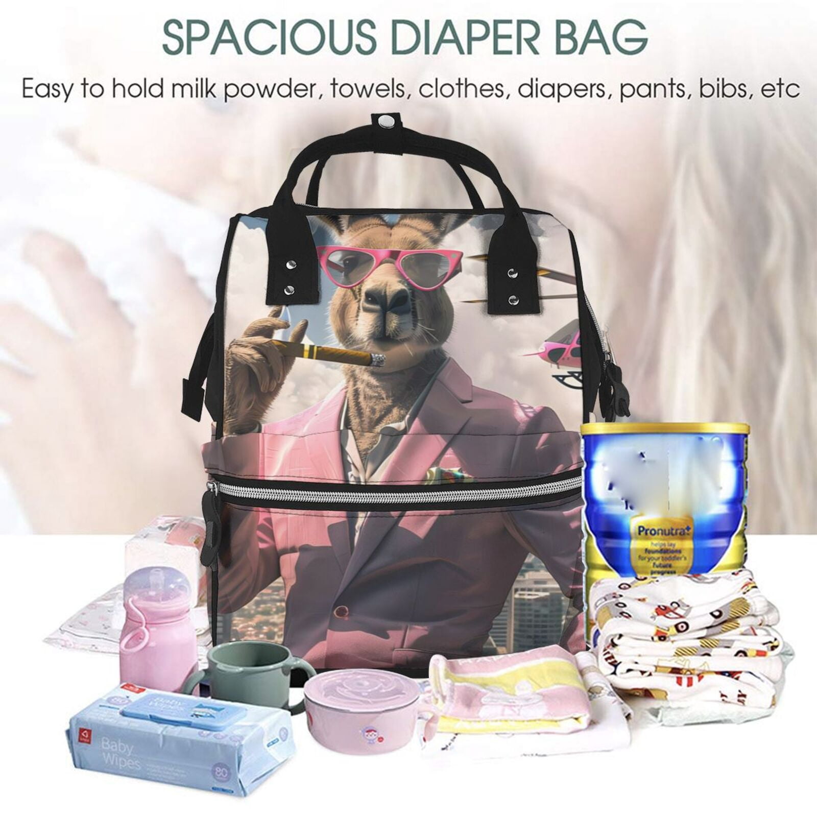 Fuzoiu Stylish Kangaroo In Suit Print Diaper Bag Backpack,Baby Essentials Travel Tote,Multi function Waterproof Diaper Bag, Travel Essentials Baby Bag - Unisex