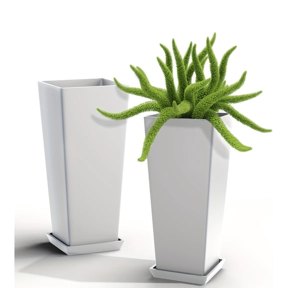 Set of 2 Tall Outdoor Planters 24 Inch, Large Planters for Indoor Outdoor Plants, Tapered Square Flower Pots with Tray for Patio,White