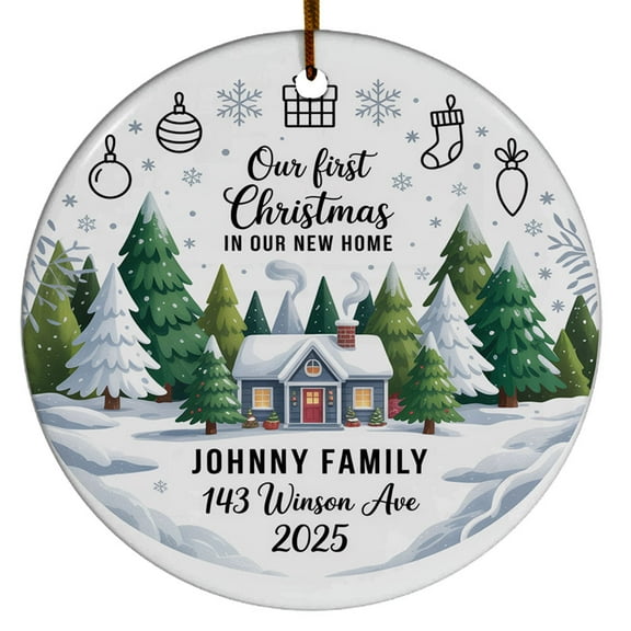 New Home Christmas Ornament 2025, Ornament Our First Xmas in New Home Keepsake, Custom Name Text Address House Christmas Ornament Gift