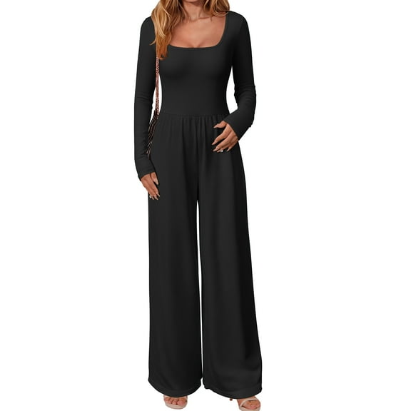OQQ Women's Jumpsuits Dressy One Piece Outfits Long Sleeve Crew Neck Casual Wide Leg Pants Jumpsuits