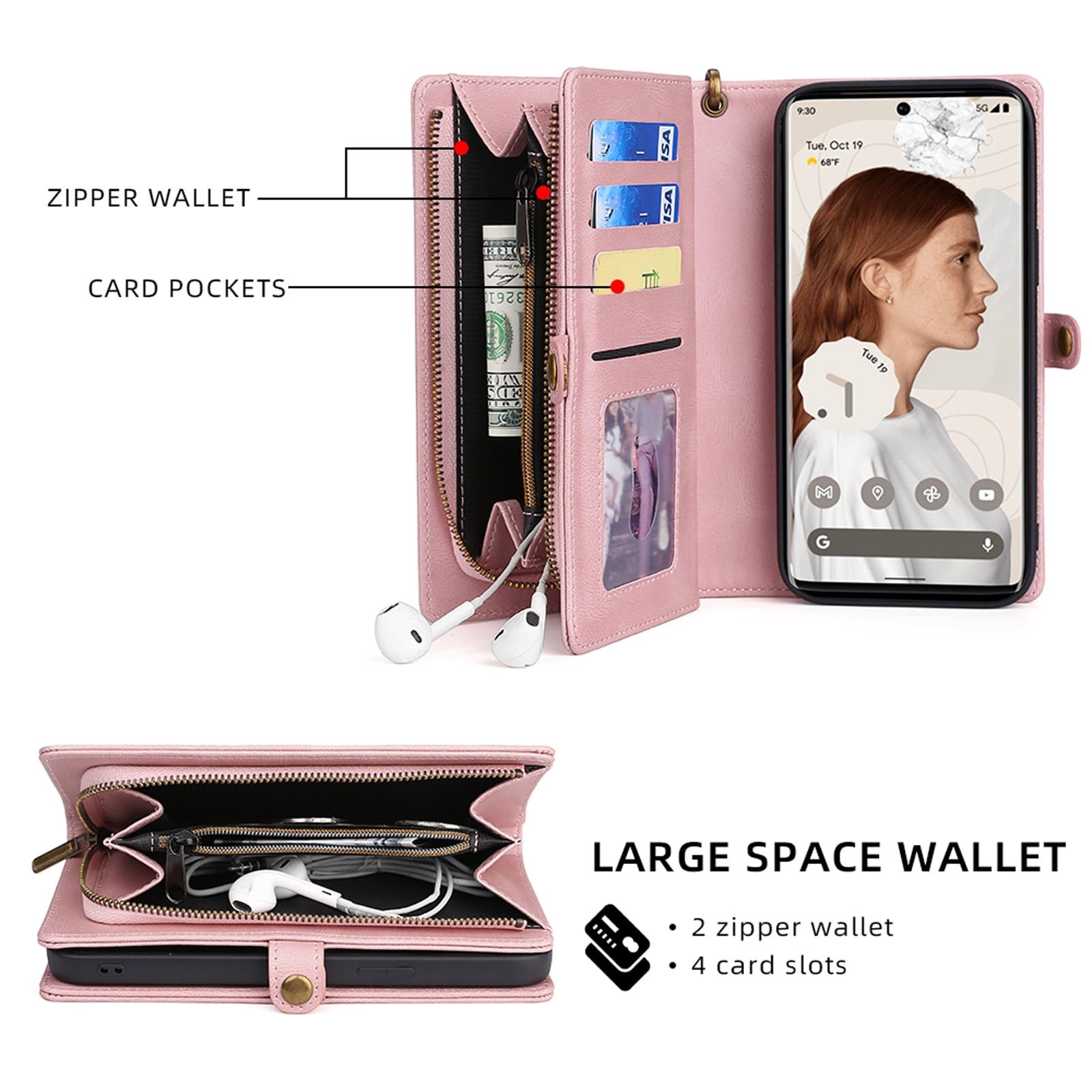 Defencase for Google Pixel 7 Pro Case for Women Men, Removable Durable PU Leather Magnetic Flip Strap Wristlet Zipper Purse Card Holder Detachable Wallet Phone Cases for Google Pixel 7 Pro, Pink