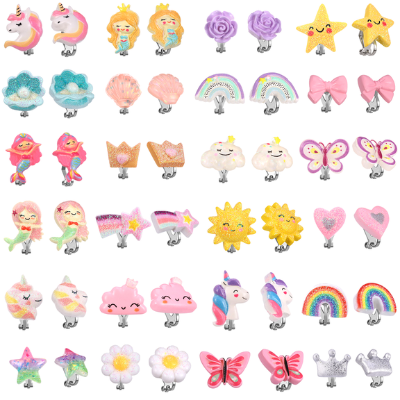 Bocaoying 24 Pairs Clip On Earrings for Girls, No Pierced Design Earrings, Dress up Pretend Princess Play Jewelry Set for Kids Ages 4-12, Unicorn, Rainbow, Mermaid, Butterfly, Flower