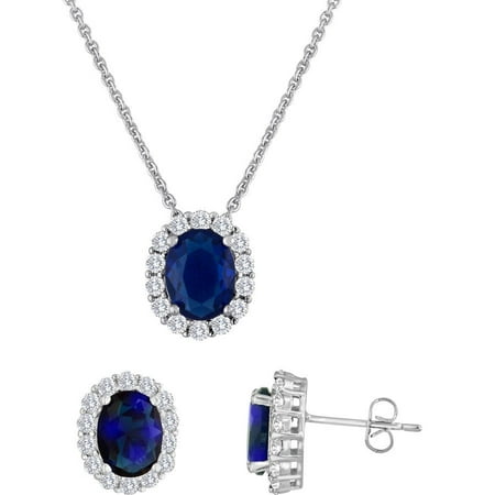 Simulated Blue Sapphire and CZ Fine Silver-Plated Boxed Set with Earring and Pendant, 18