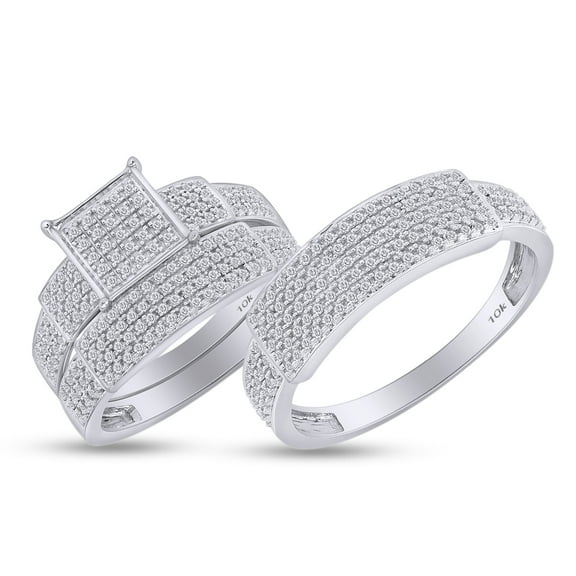 AFFY Round Cut White Natural Diamond Trio Engagement Wedding Band Ring Set In 10K Solid White Gold