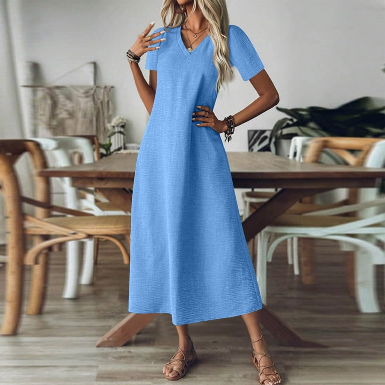 blue casual dresses for juniors Dark Royal Blue Plain Brunch Dresses for Women Summer Fall Short Sleeve  Vneck Faux Gauze Linen Long Dresses Ladies 2026 Clothing Fashion Country