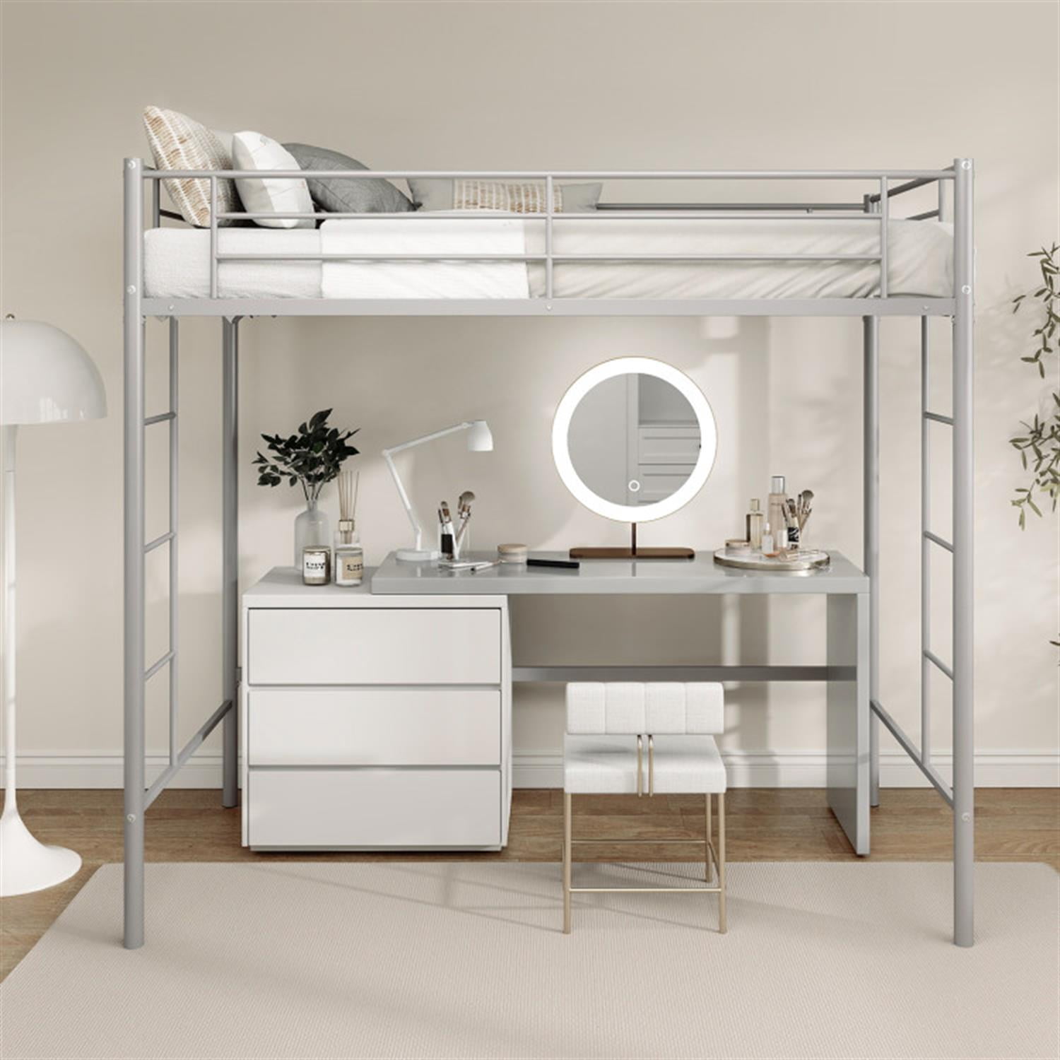 Demi Bonn Metal Twin Loft Bed Frame with 2 Ladders Full-length Guardrail for Teens, Silver