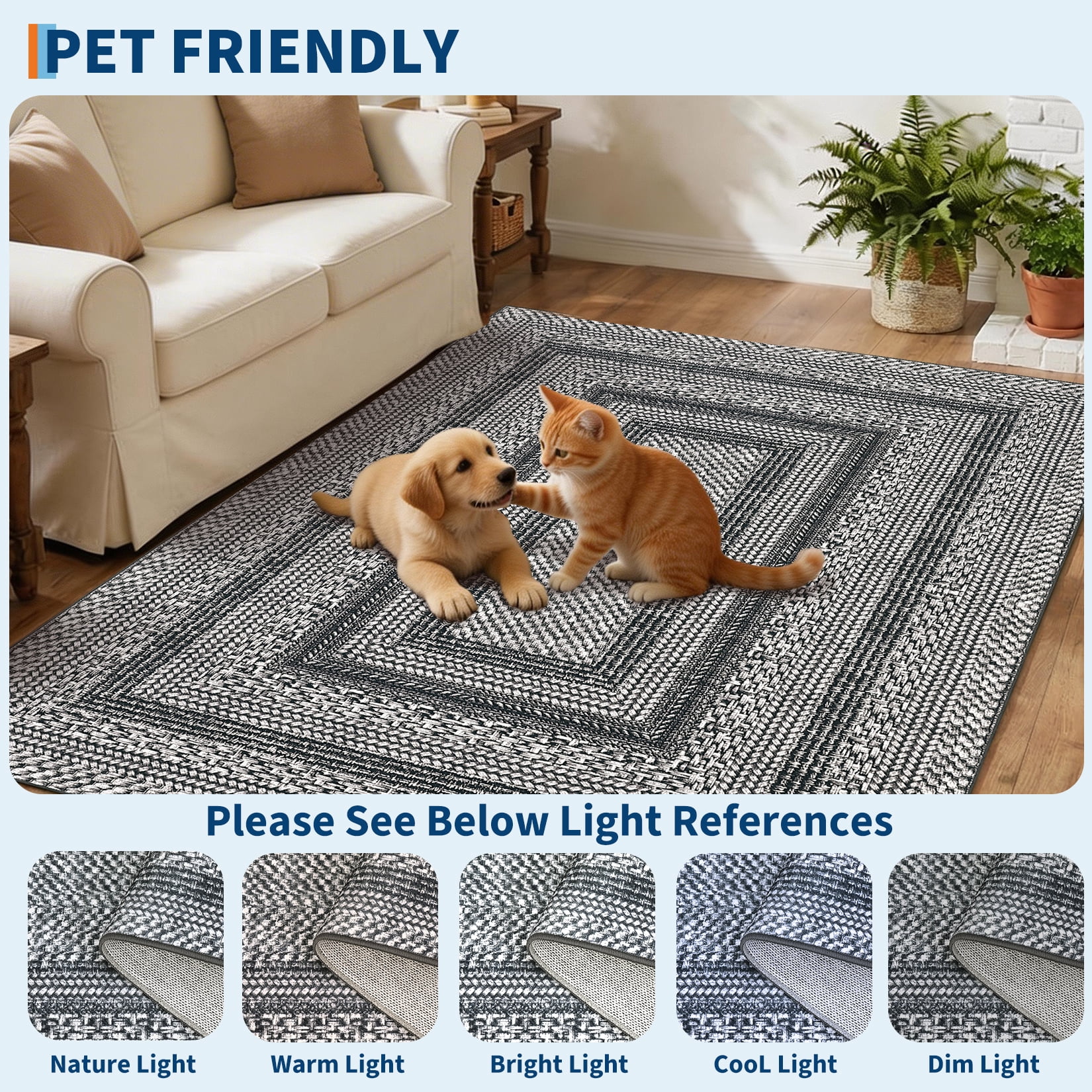 HIWEAVER 9' x 12' Black/Gray Area Rug for Living Room Washable Bordered Digital Printed Non-Slip Geometric Indoor Carpet