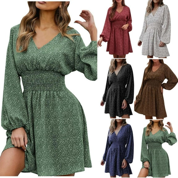 Oksale Elegant Floral Dress for Women Sexy Smocked Waist Mini Dresses Deep V Neck Dress Flowy Long Puff Sleeve Dresses Soft Lightweight Dress Navy M
