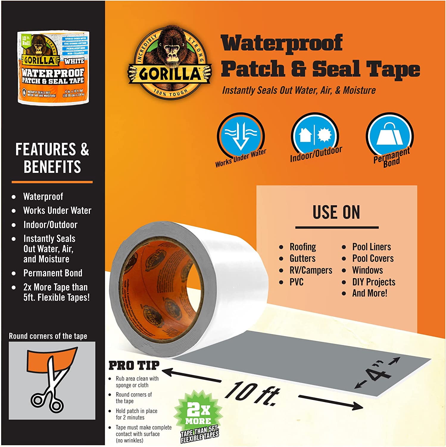 Gorilla Waterproof Patch & Seal Tape, White Tape, 4" x 10' (Pack of 4) - Permanent Weather Resistant Seal for Leaks and Repairs