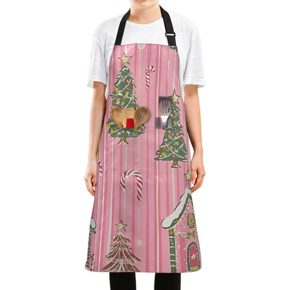 Yayeee Chief Kitchen Apron with Pockets for Cooking Water Resistant Unisex Adjustable Neck Strap, Pink Gingerbread House