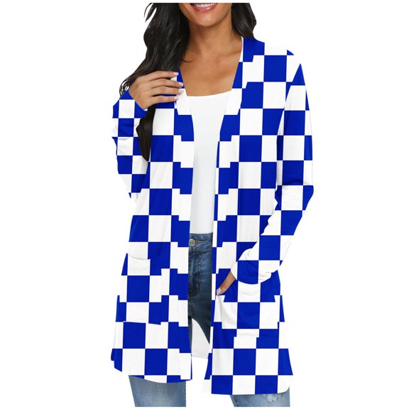 Womens Plaid Jacket Blue Casual Printed Long Sleeved Shirt Cardigan Loose And Casual Tops Plaid Winter Coats L