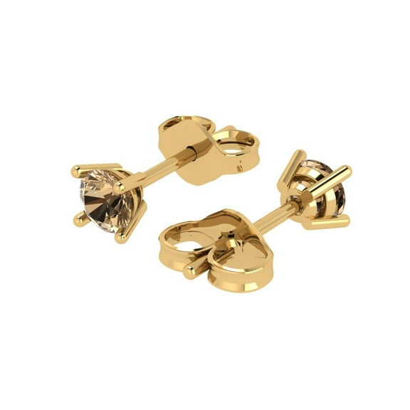0.2 Ct Round Cut Studs Champagne Crystal 14K Yellow Solid Gold Everyday Dainty Earrings Push Back