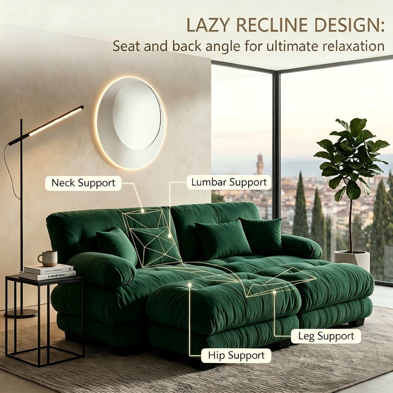 ANPPORT Cloud Couch Sleeper Sofa, Chenille Green 2-Seater Modular Sofa with 2 Ottomans, 2 Lumbar pillows, 2 Pillows, Comfy Deep Seat Cloud Sofa, Convertible L-Shaped Floor Couch for Living Room
