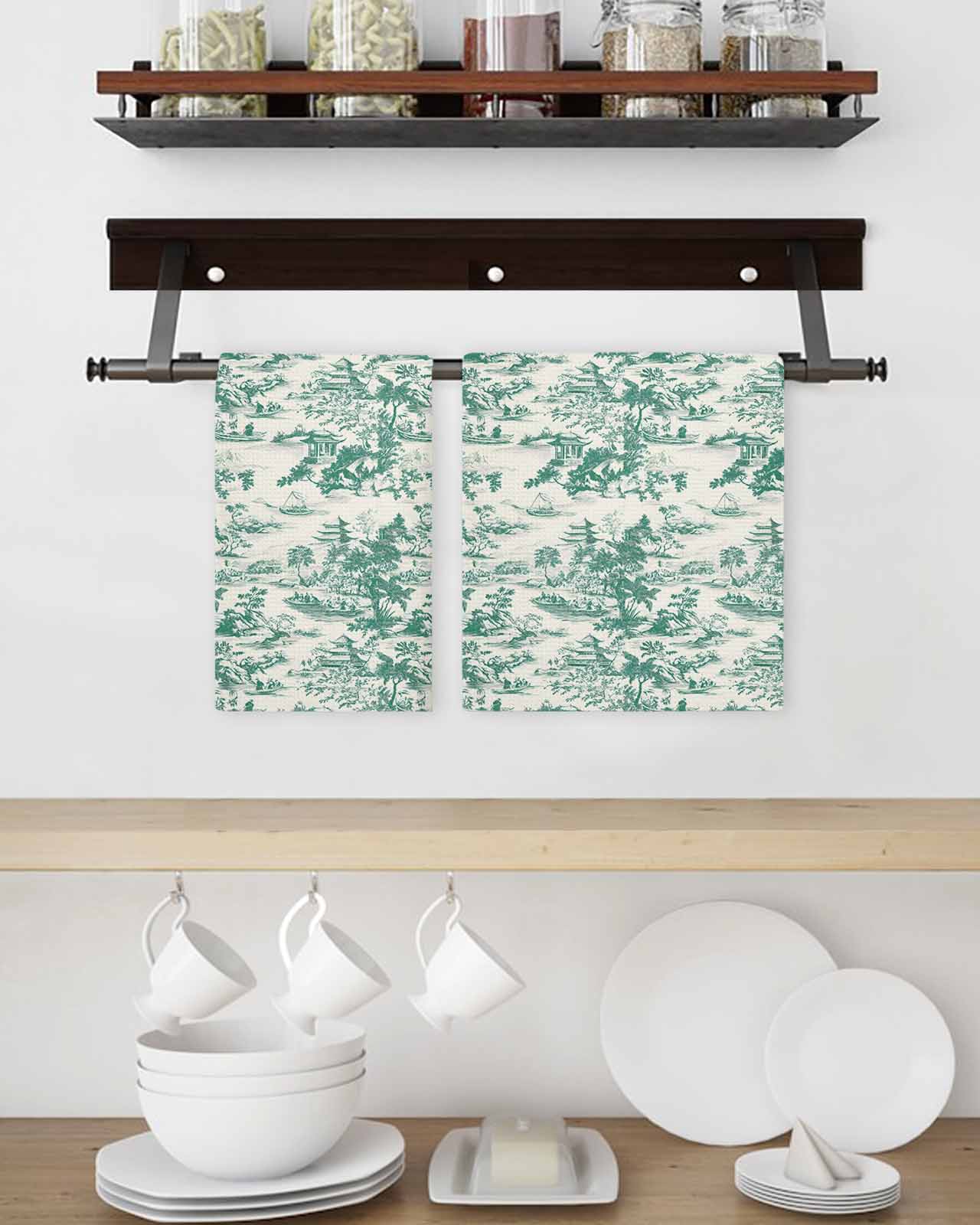 Green Garden Retro Kitchen Dish Towels for Drying Dishes Set of 4, Modern Art Building Tree Boat Waffle Weave Microfiber Terry Hand Tea Bathroom Towels Quick Dry & Absorbent Towel 15.7x23.6