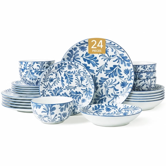 KINGSTONE 24-Piece Blue Floral Porcelain Dinnerware Set, Service for 6, Microwave & Dishwasher Safe