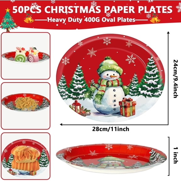 YUYAN-50Pcs Christmas Snowman Plates Disposable Paper Plates Red Christmas Tree Birthday Party Decorations Supplies 11 Inch Oval Plate Platter Dish Tray, Xmas Holiday Tableware Dinnerware