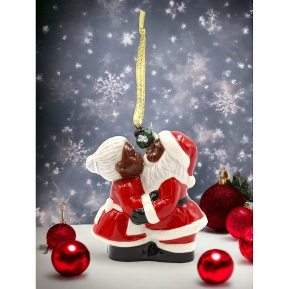 African American Kissing Santa Couple Ceramic Ornament 3in Gift