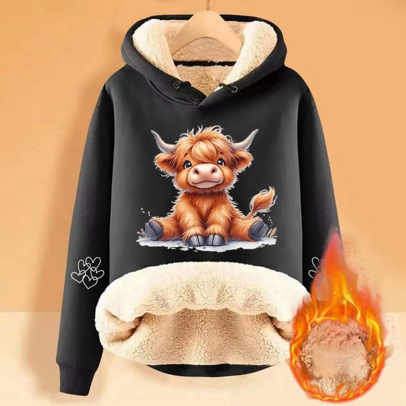 Bibifish Womens fleece lined Hoodies cow Printed Drawstring long sleeve Hoodies With Pocket winter thermal Stylish Pullover Tops
